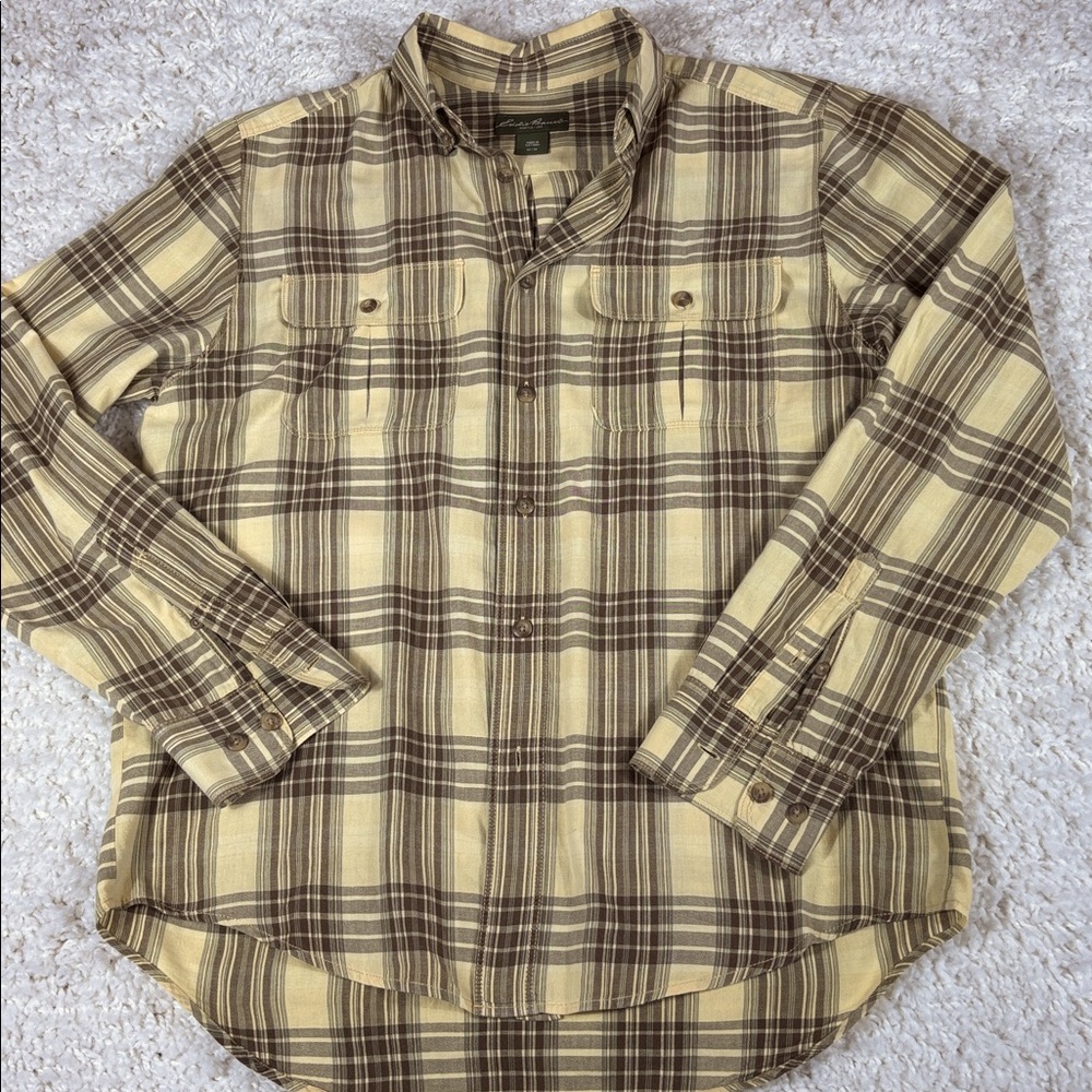 Eddie Bauer 100% Cotton L/S Button Up Shirt, Yellow/Brown, Size Medium